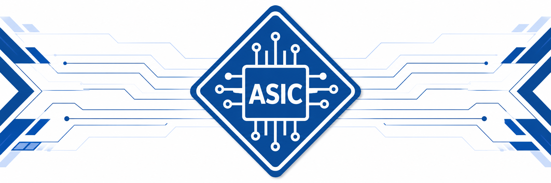 The ASIC Network: circuit board banner with central ASIC chip logo